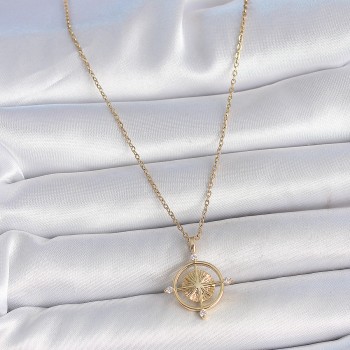 316L Çelik Gold Renk Zincir Zirkon Taşlı Pusula Model Kadın Kolye