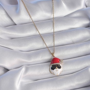 316L Çelik Gold Renk Zincir Zirkon Taşlı Yılbaşı Temalı Noel Baba Figür Kadın Kolye