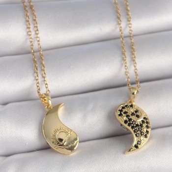 316L Çelik Gold Renk Zincir Zirkon Taşlı Ying Yang Model Gün Batımı İşlemeli Arkadaşlık Kadın Kolye