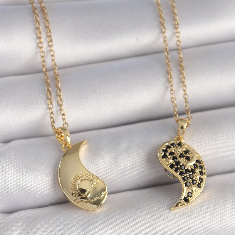 316L Çelik Gold Renk Zincir Zirkon Taşlı Ying Yang Model Gün Batımı İşlemeli Arkadaşlık Kadın Kolye