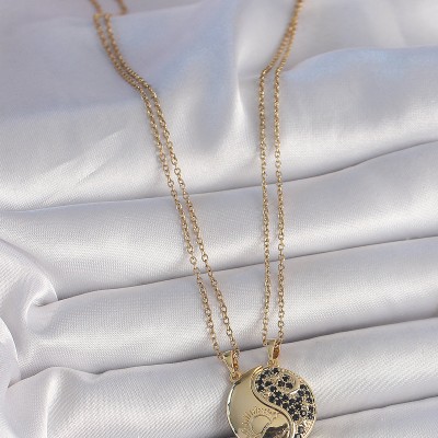 316L Çelik Gold Renk Zincir Zirkon Taşlı Ying Yang Model Gün Batımı İşlemeli Arkadaşlık Kadın Kolye
