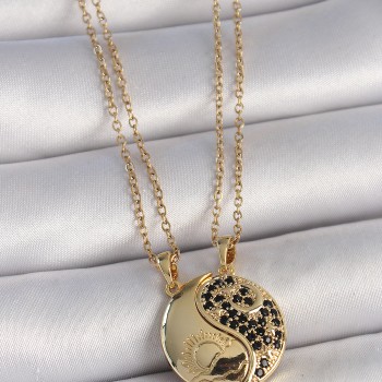 316L Çelik Gold Renk Zincir Zirkon Taşlı Ying Yang Model Gün Batımı İşlemeli Arkadaşlık Kadın Kolye