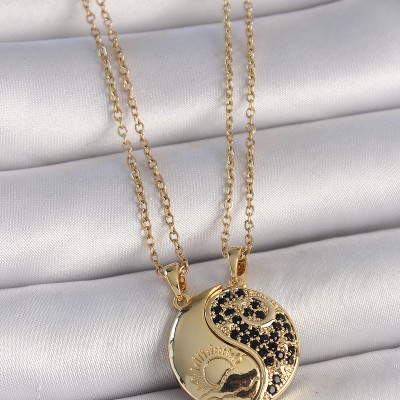316L Çelik Gold Renk Zincir Zirkon Taşlı Ying Yang Model Gün Batımı İşlemeli Arkadaşlık Kadın Kolye