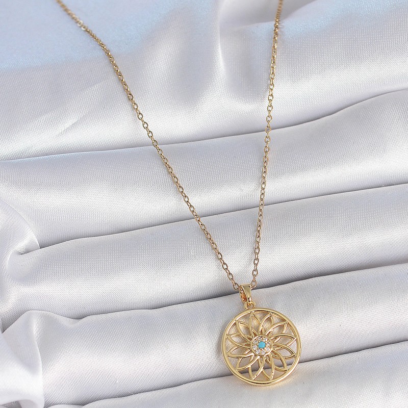 316L Çelik Gold Renk Zincr Mavi Taşlı Lotus Model Kadın Kolye