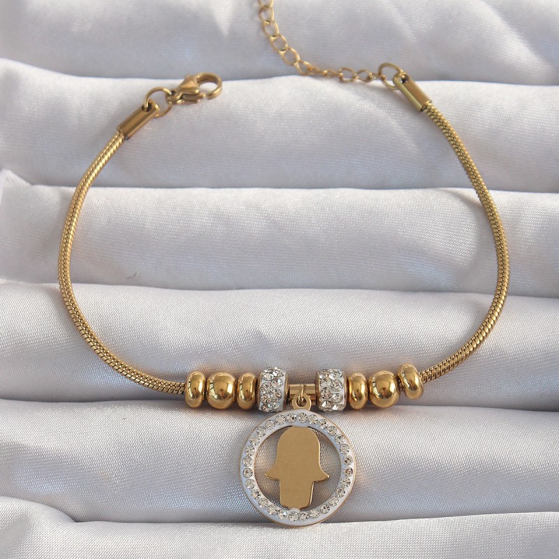 316L Çelik Gold Renk Zirkon Taş Aksesuarlı Fatma Ana Eli Bileklik