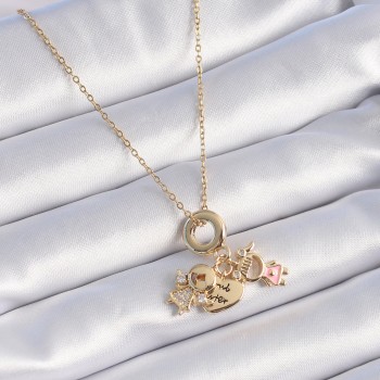316L Çelik Gold Renk Zirkon Taş Detay Çocuk Figür Charm Model Kadın Kolye