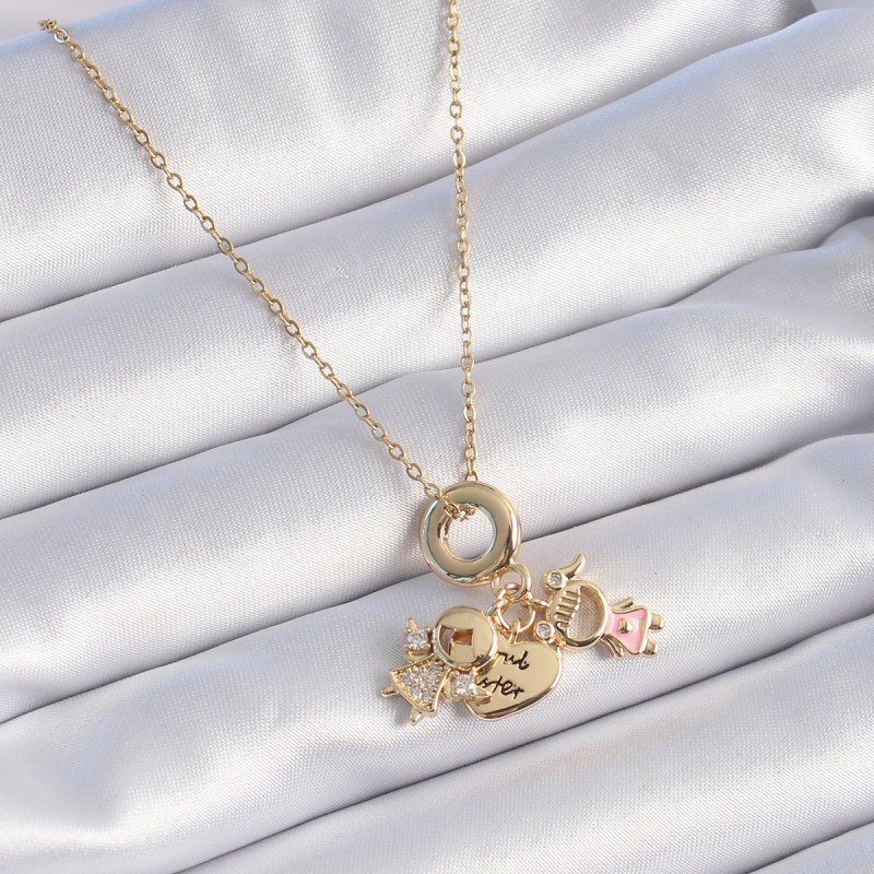 316L Çelik Gold Renk Zirkon Taş Detay Çocuk Figür Charm Model Kadın Kolye