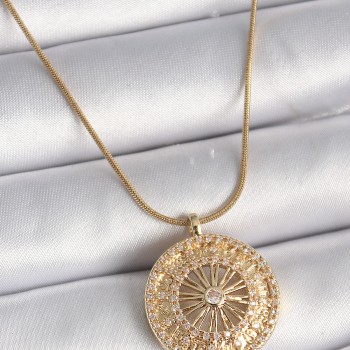316L Çelik Gold Renk Zirkon Taşlı 12 Burç Madalyon Model Kadın Kolye