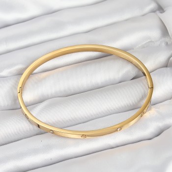 316L Çelik Gold Renk Zirkon Taşlı 65 mm İnce Kadın Kelepçe Bileklik