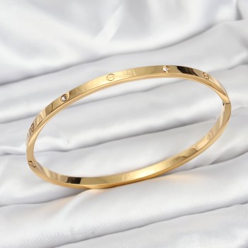 316L Çelik Gold Renk Zirkon Taşlı 65 mm İnce Kadın Kelepçe Bileklik