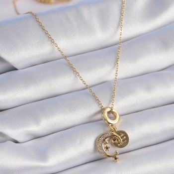 316L Çelik Gold Renk Zirkon Taşlı Ay Yıldız Model Charm Kadın Kolye