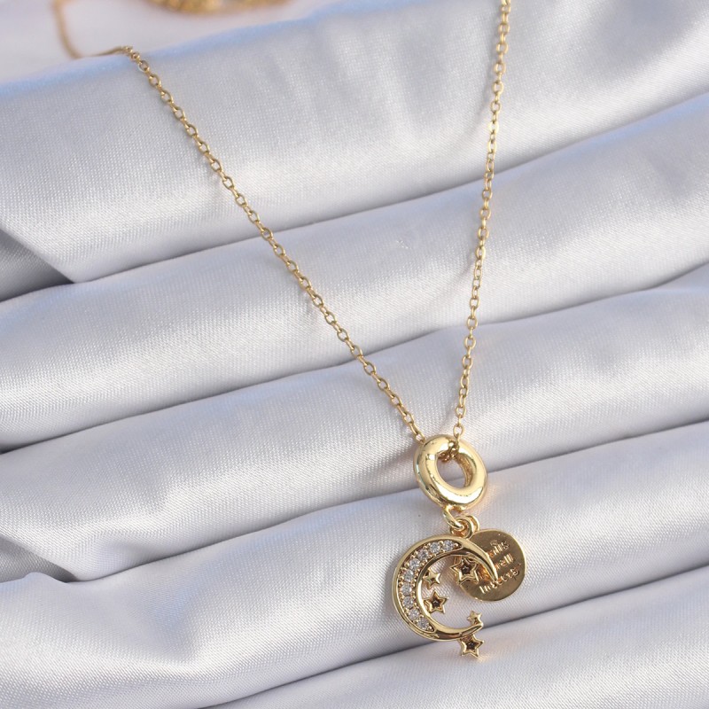 316L Çelik Gold Renk Zirkon Taşlı Ay Yıldız Model Charm Kadın Kolye
