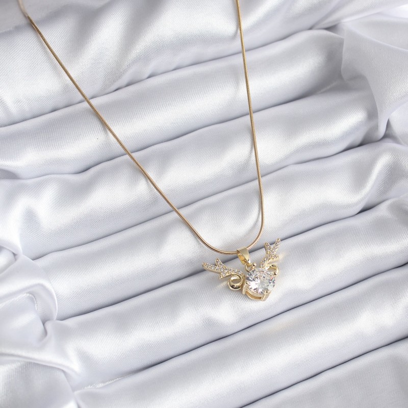 316L Çelik Gold Renk Zirkon Taşlı Boynuz Model Kadın Kolye