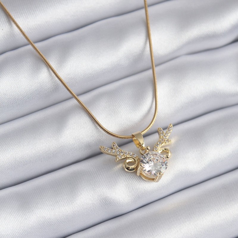 316L Çelik Gold Renk Zirkon Taşlı Boynuz Model Kadın Kolye