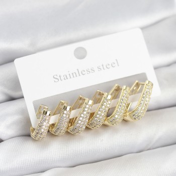 316L Çelik Gold Renk Zirkon Taşlı Damla Halka Küpe Seti