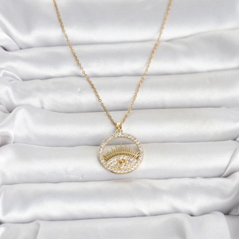 316L Çelik Gold Renk Zirkon Taşlı Göz Model Kadın Kolye