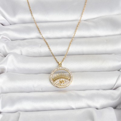 316L Çelik Gold Renk Zirkon Taşlı Göz Model Kadın Kolye