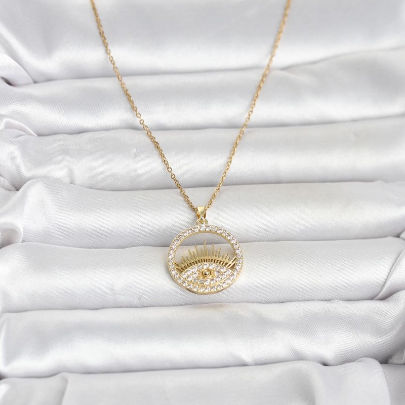 316L Çelik Gold Renk Zirkon Taşlı Göz Model Kadın Kolye