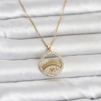 316L Çelik Gold Renk Zirkon Taşlı Göz Model Kadın Kolye