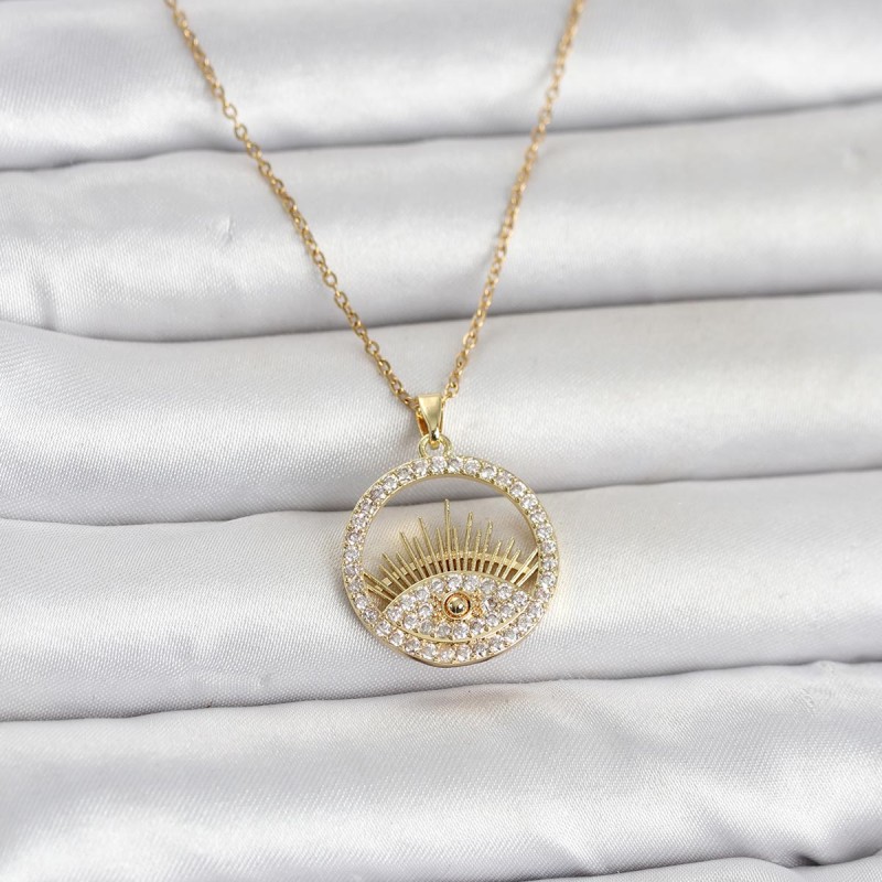 316L Çelik Gold Renk Zirkon Taşlı Göz Model Kadın Kolye