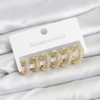 316L Çelik Gold Renk Zirkon Taşlı Halka Küpe Seti