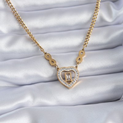 316L Çelik Gold Renk Zirkon Taşlı Kalp Model Sonsuzluk Detay Kadın Kolye