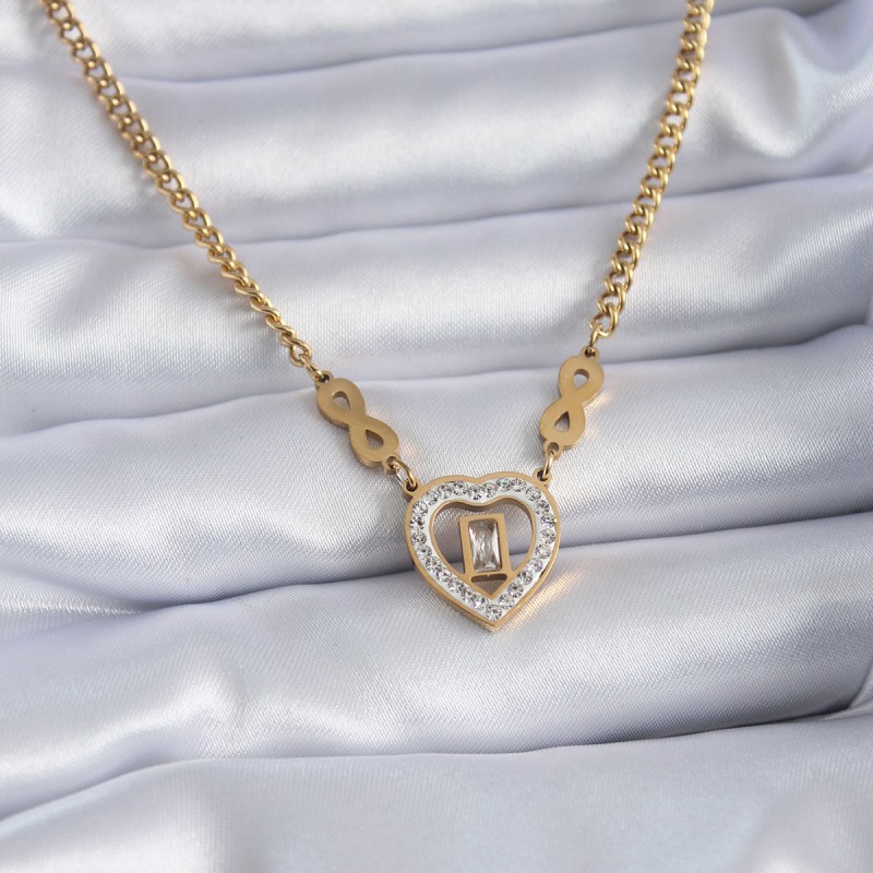 316L Çelik Gold Renk Zirkon Taşlı Kalp Model Sonsuzluk Detay Kadın Kolye