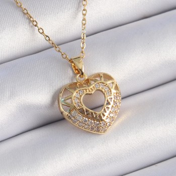 316L Çelik Gold Renk Zirkon Taşlı Kalp Model Vintage Kadın Kolye