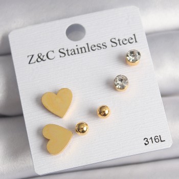 316L Çelik Gold Renk Zirkon Taşlı Kalpli Kadın Küpe Seti