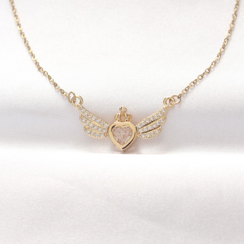 316L Çelik Gold Renk Zirkon Taşlı Kalpli Kanat Kolye