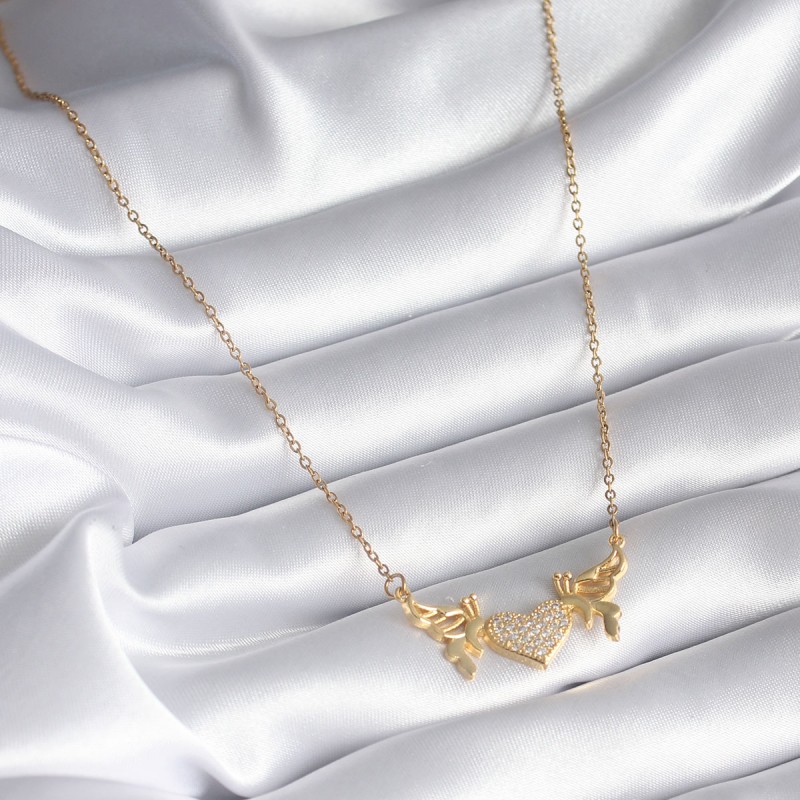 316L Çelik Gold Renk Zirkon Taşlı Kanatlı Kalp Model Kadın Kolye