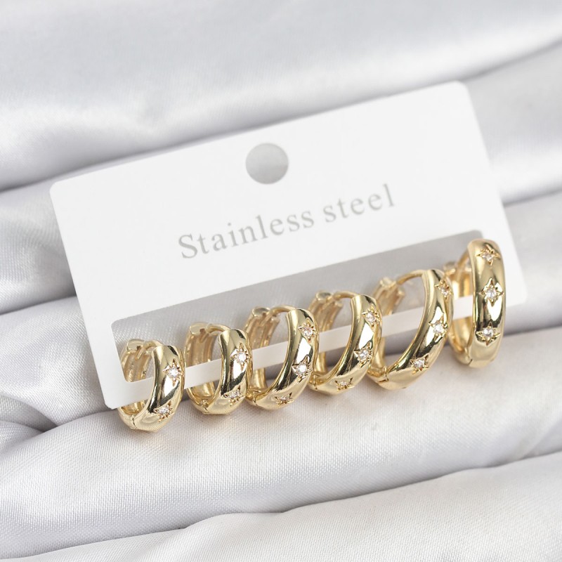 316L Çelik Gold Renk Zirkon Taşlı Kutup Yıldızı Model Halka Küpe Seti