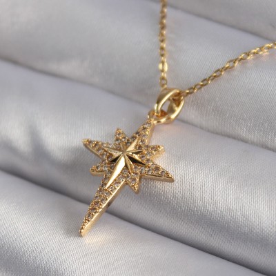 316L Çelik Gold Renk Zirkon Taşlı Kutup Yıldızı Model Kadın Kolye