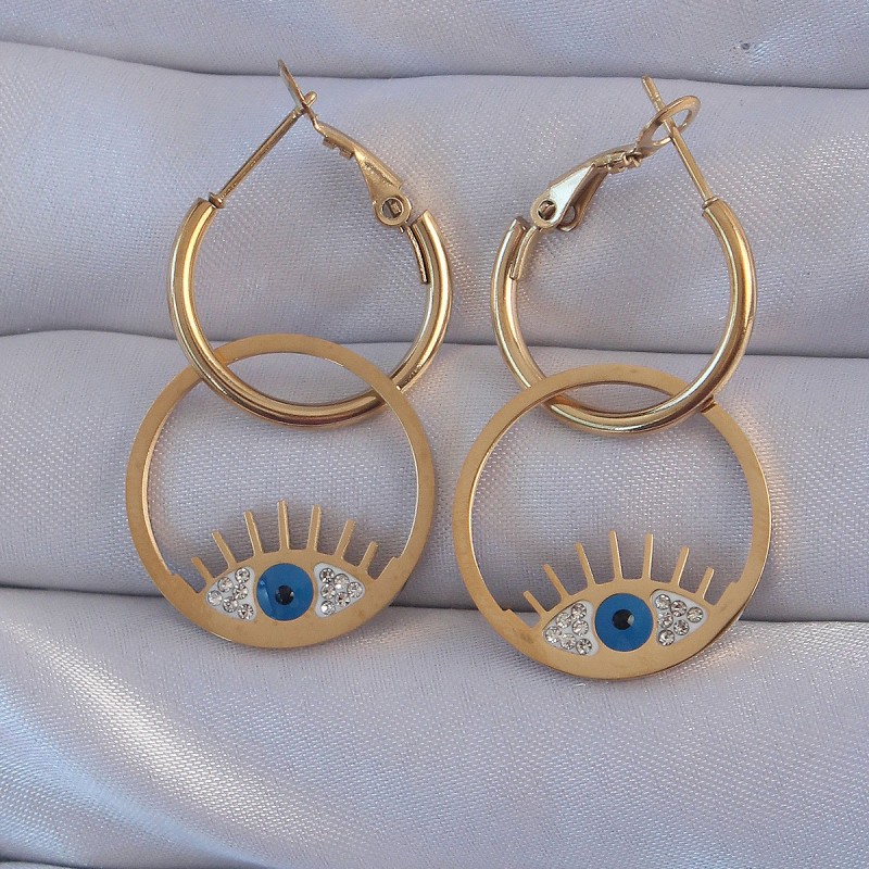 316L Çelik Gold Renk Zirkon Taşlı Mavi Göz Tasarımlı Halka Küpe