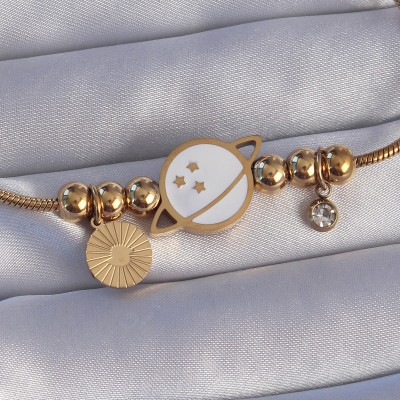 316L Çelik Gold Renk Zirkon Taşlı Mineli Satürn Tasarımlı Bileklik