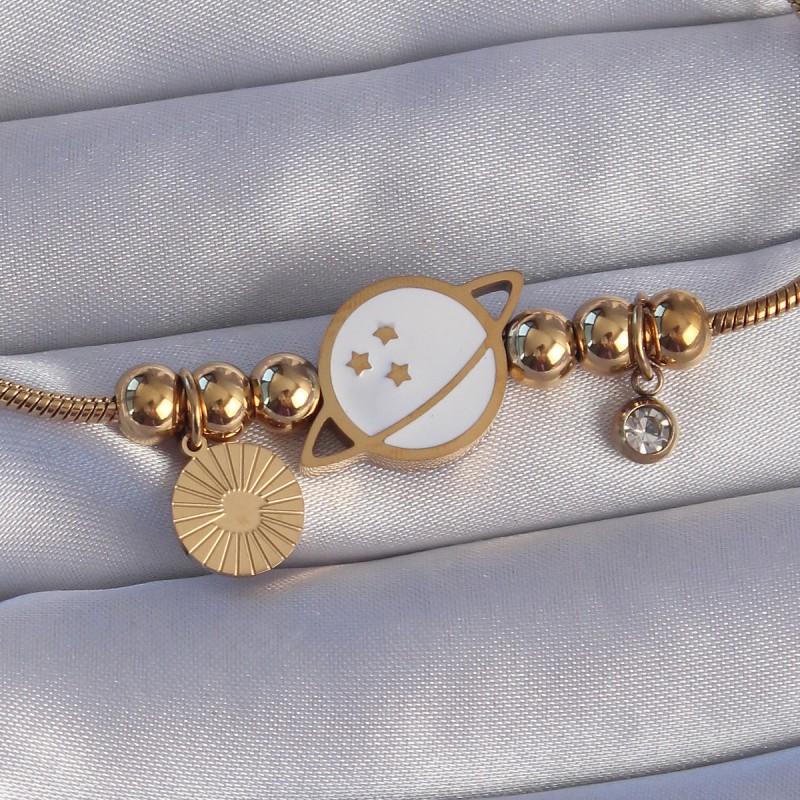 316L Çelik Gold Renk Zirkon Taşlı Mineli Satürn Tasarımlı Bileklik