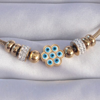 316L Çelik Gold Renk Zirkon Taşlı Nazarlı Çiçek Tasarımlı Bileklik