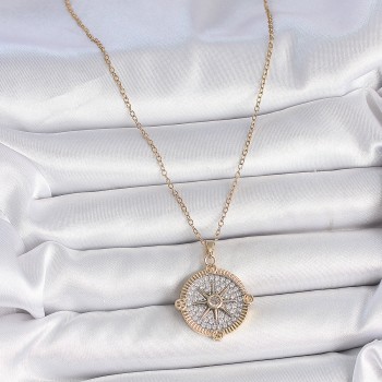 316L Çelik Gold Renk Zirkon Taşlı Pusula Model Kadın Kolye
