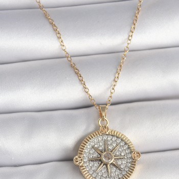 316L Çelik Gold Renk Zirkon Taşlı Pusula Model Kadın Kolye