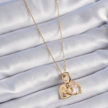 316L Çelik Gold Renk Zirkon Taşlı Sonsuzluk Kalp Figür Charm Model Kadın Kolye