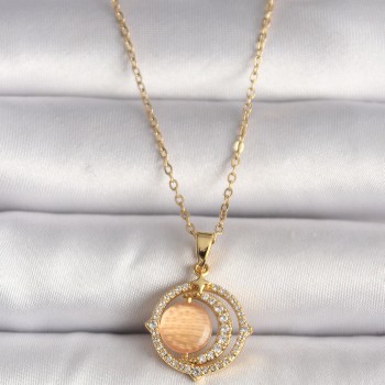 316L Çelik Gold Renk Zirkon Taşlı Turuncu Sedefli Hilal Model Kadın Kolye