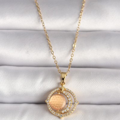 316L Çelik Gold Renk Zirkon Taşlı Turuncu Sedefli Hilal Model Kadın Kolye