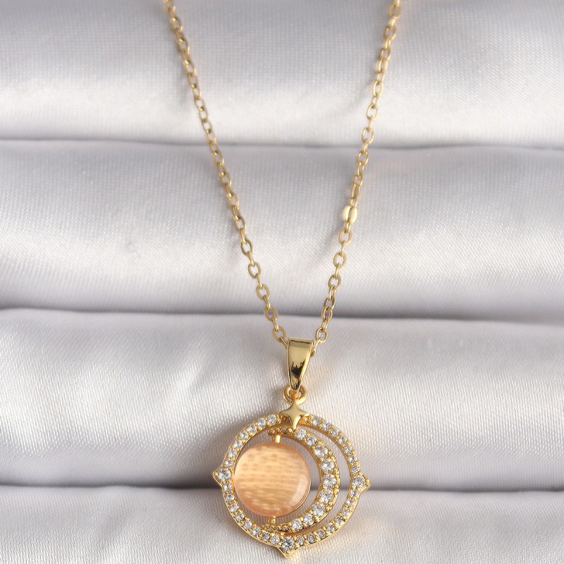 316L Çelik Gold Renk Zirkon Taşlı Turuncu Sedefli Hilal Model Kadın Kolye