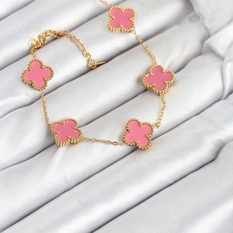 316L Çelik Gold Zincir Pembe Yonca Renk Bileklik