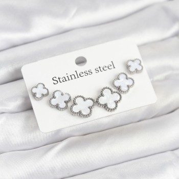 316L Çelik Gümüş Beyaz Renk 3 Boy Yonca Küpe Seti