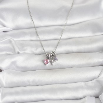 316L Çelik Gümüş Pembe Zirkon Taşlı Charmlı Kadın Kolye