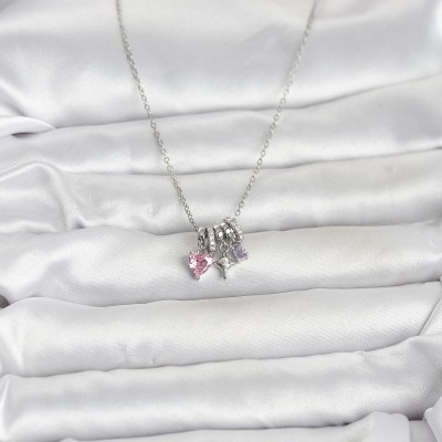316L Çelik Gümüş Pembe Zirkon Taşlı Charmlı Kadın Kolye