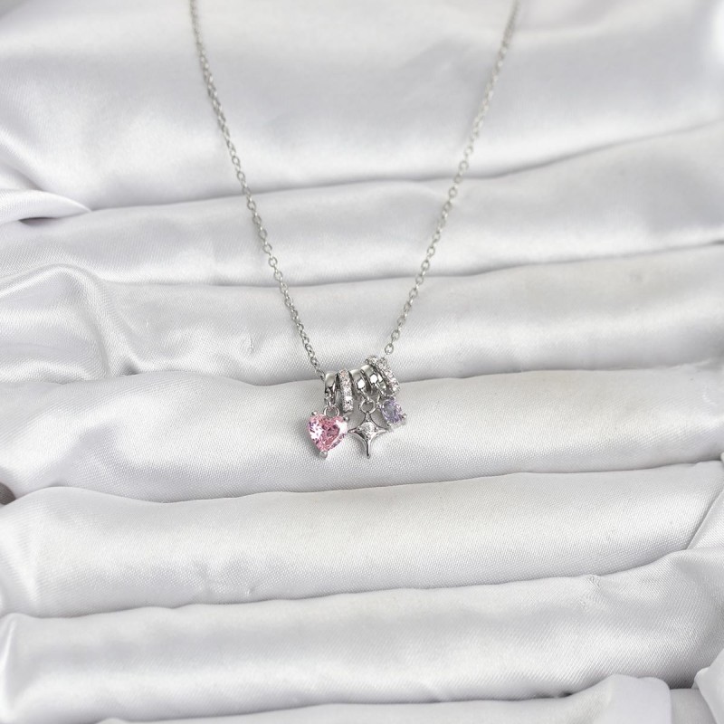 316L Çelik Gümüş Pembe Zirkon Taşlı Charmlı Kadın Kolye