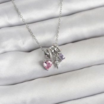 316L Çelik Gümüş Pembe Zirkon Taşlı Charmlı Kadın Kolye
