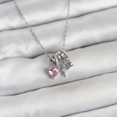 316L Çelik Gümüş Pembe Zirkon Taşlı Charmlı Kadın Kolye